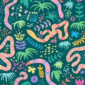 Happy Jungle Snakes in Green - Mable Tan X Spoonflower: Hissterical Snakes Design Challenge