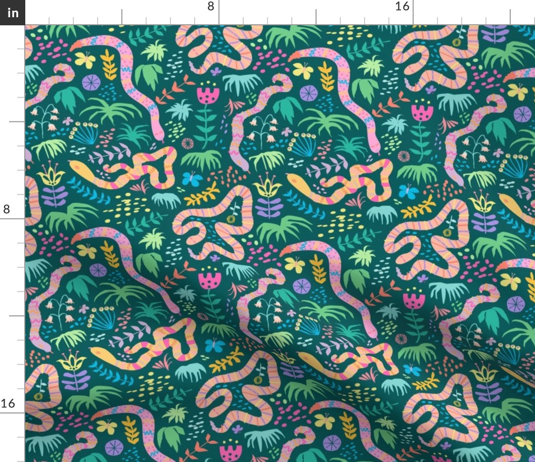 Happy Jungle Snakes in Green - Mable Tan X Spoonflower: Hissterical Snakes Design Challenge