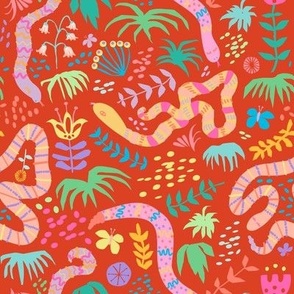  Happy Jungle Snakes in Orange Red - Mable Tan X Spoonflower: Hissterical Snakes Design Challenge