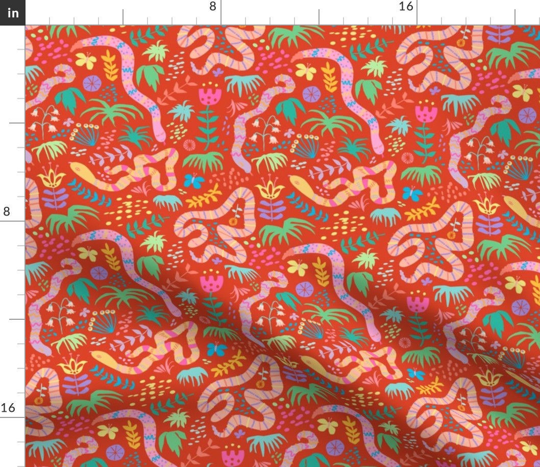  Happy Jungle Snakes in Orange Red - Mable Tan X Spoonflower: Hissterical Snakes Design Challenge