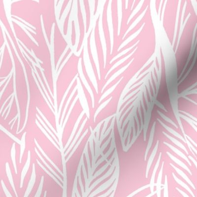 Large - White on Pink, tropical leaves texture pattern