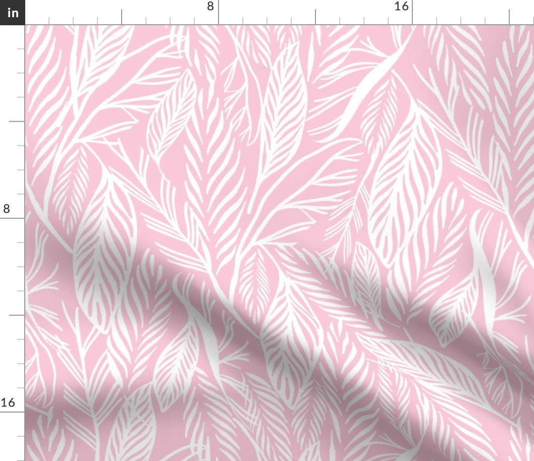 Large - White on Pink, tropical leaves texture pattern