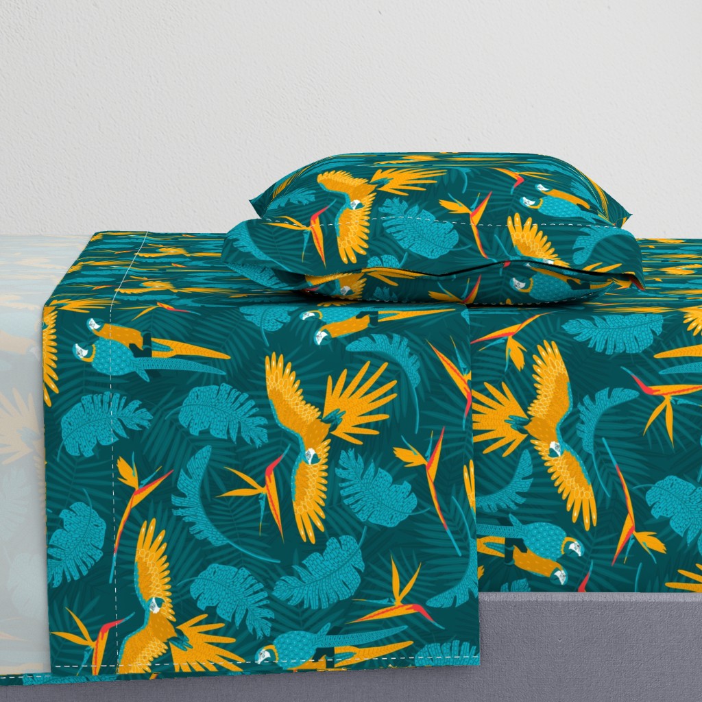 Tropical yellow-breasted Macaw, Parrot teal mustard 24 inch wallpaper parr