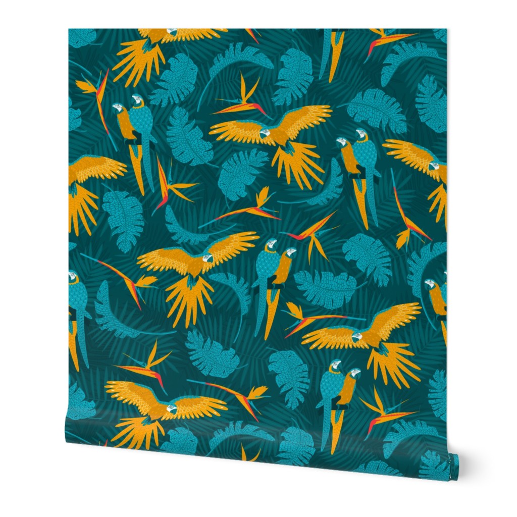 Tropical yellow-breasted Macaw, Parrot teal mustard 24 inch wallpaper parr