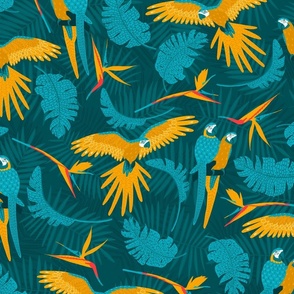 Tropical yellow-breasted Macaw, Parrot teal mustard 24 inch wallpaper parr