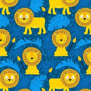 funny tropical cobalt blue and yellow lion jungle  (folk art style) 12inch kids nursery