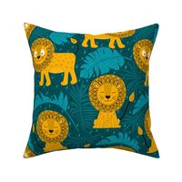 Cute tropical lion jungle teal mustard (folkart style) 12inch kids bedding