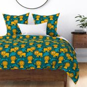 Cute tropical lion jungle teal mustard (folkart style) 12inch kids bedding