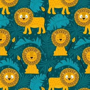 Cute tropical lion jungle teal mustard (folkart style) 12inch kids bedding