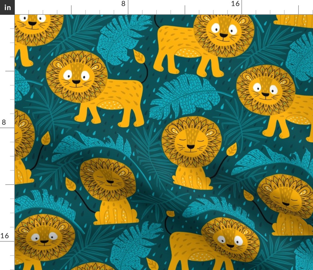 Cute tropical lion jungle teal mustard (folkart style) 12inch kids bedding