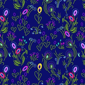 Scattered colourful flowers_on dark blue
