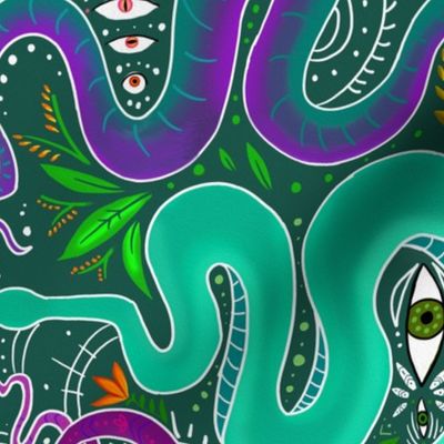 Psychedelic snakes on green Very large scale 