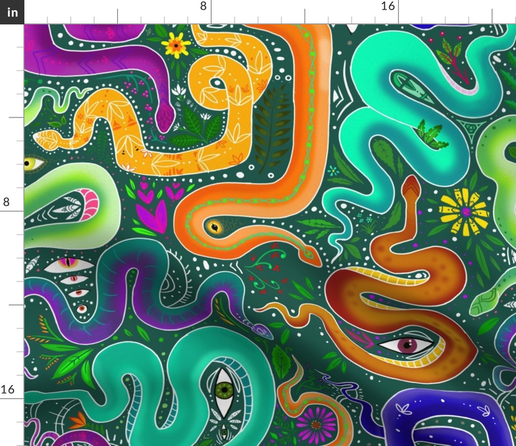 Psychedelic snakes on green Very large scale 