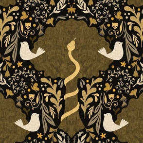 Kelly Green Stylized Garden Damask with Little Birds and a Yellow Snake