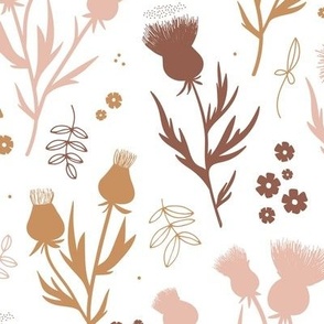 Delicate boho wild flowers thistles and daisies leaves and blossom minimalist garden scandinavian romantic vintage style fall nature blush ochre brown on white