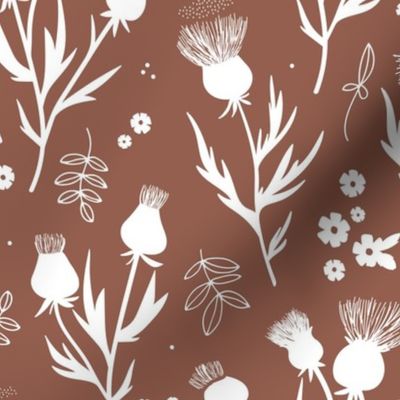 Delicate boho wild flowers thistles and daisies leaves and blossom minimalist garden scandinavian romantic vintage style fall nature white on chocolate brown