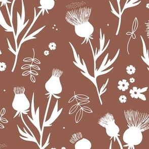 Delicate boho wild flowers thistles and daisies leaves and blossom minimalist garden scandinavian romantic vintage style fall nature white on chocolate brown
