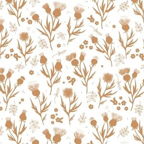 Delicate boho wild flowers thistles and daisies leaves and blossom minimalist garden scandinavian romantic vintage style fall nature ochre yellow golden on white