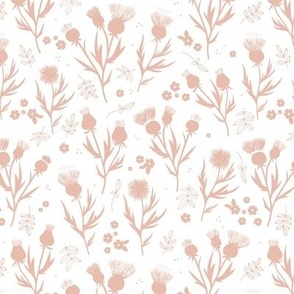 Delicate boho wild flowers thistles and daisies leaves and blossom minimalist garden scandinavian romantic vintage style fall nature blush pink on white