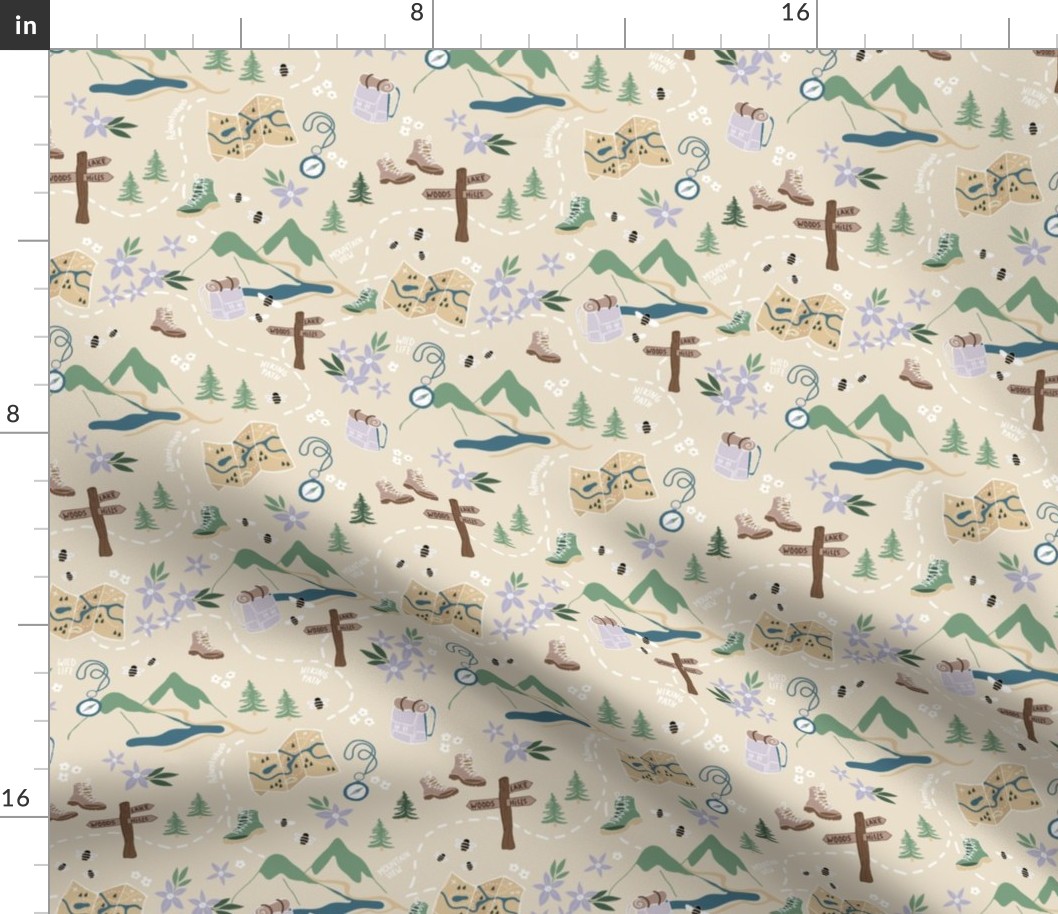 Hiking map through the countryside and mountains with boots compass and adventure map for active walking lovers blue lavender green on sand neutral earthy tones