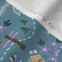 Hiking map through the countryside and mountains with boots compass and adventure map for active walking lovers lavender lilac green on moody blue