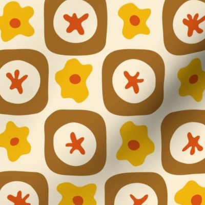 Medium | 70s Retro Checkerboard with Yellow Flowers and Brown Squares on a Sandy Background