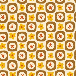 Medium | 70s Retro Checkerboard with Yellow Flowers and Brown Squares on a Sandy Background