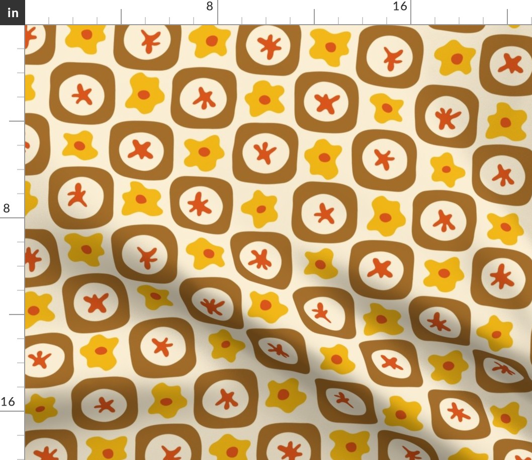 Medium | 70s Retro Checkerboard with Yellow Flowers and Brown Squares on a Sandy Background