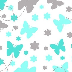 Turquoise Blue Gray Floral Butterfly 