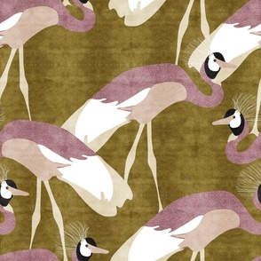 crowned crane - golden olive green and burnt mauve