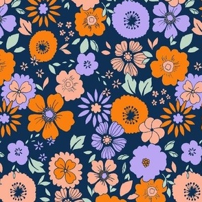 Naive 90s Retro Vibe Blue and Orange Flower Surface