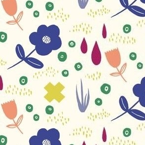 Scattered Flowers , Grass and Raindrops, Blue, Red, Peach, Citron, Green