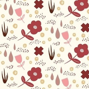 Scattered Flowers , Grass and Raindrops-Red, Pink
