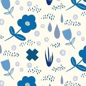 Scattered Flowers , Grass and Raindrops-Blue