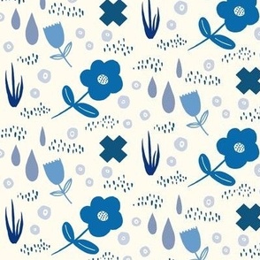 Scattered Flowers , Grass and Raindrops-Blue