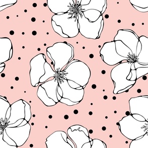 White sakura on pink background with black polka dots random fantasie