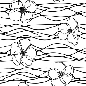 Black outline sakura flowers and waving stripes on white background