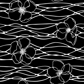 White outline sakura flowers and waving stripes on black background