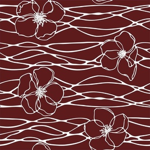Cream outline sakura flowers and waving stripes on bordeaux background