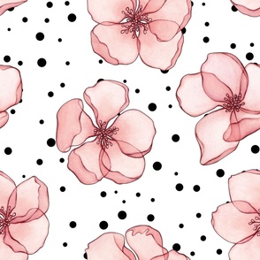 Watercolor pink sakura blossoms on white background with black polka dots random fantasie