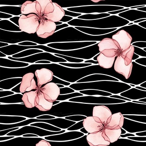 Pink sakura blossoms and waving white outline stripes on black background