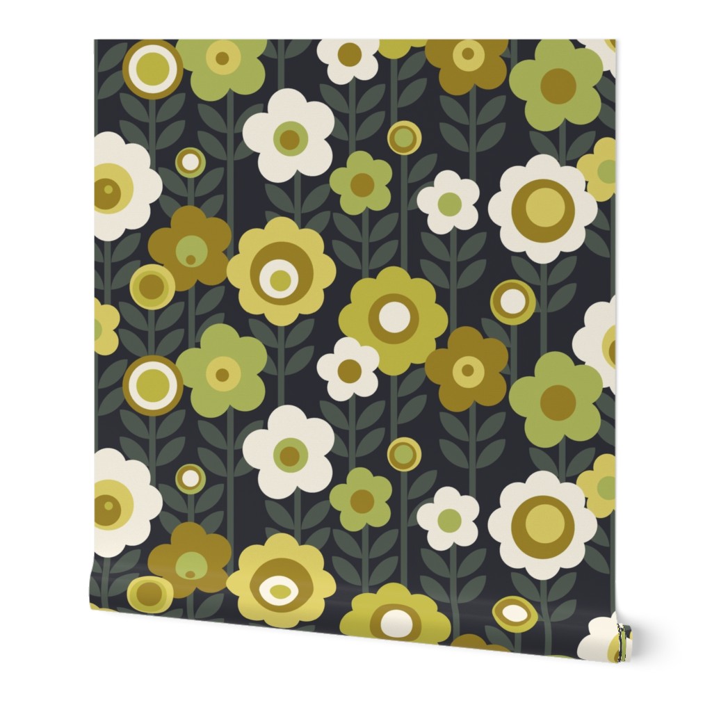 Marguerite (MidMod Olive Greens) || monochrome mod vintage floral