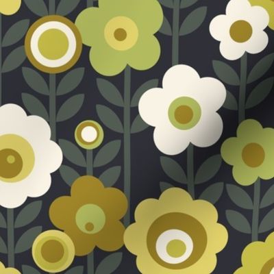 Marguerite (MidMod Olive Greens) || monochrome mod vintage floral