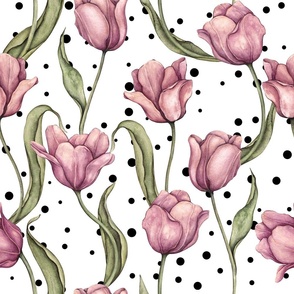 Watercolor tulips on random polka dots background