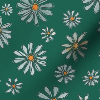 (L) Watercolour Summer Daisies on Emerald Green