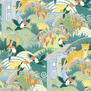 Joyful Jungle Medium- Tropical Rainforest Animals- Amazon- South America- Jaguar- Monkey- Toucan- Lush Greenery Wallpaper