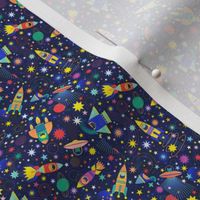 Space Adventure Micro- Multicolored on Navy Blue Background- Intergalactic Cats Small Scale- Rainbow Space Cat- VintagePets- 80s Retro- Ditsy- Multidirectional- Outer Space Ufo Arcade Games- Kids- Children Bedroom