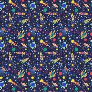 Space Adventure Micro- Multicolored on Navy Blue Background- Intergalactic Cats Small Scale- Rainbow Space Cat- VintagePets- 80s Retro- Ditsy- Multidirectional- Outer Space Ufo Arcade Games- Kids- Children Bedroom