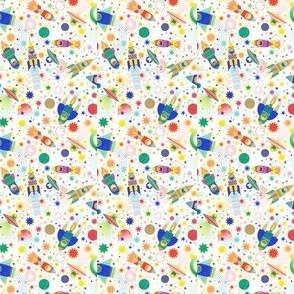 Space Adventure Micro- Multicolored on White Background- Intergalactic Cats- Rainbow Space Cat- VintagePets- 80s Retro- Ditsy- Multidirectional- Outer Space Ufo Arcade Games Wallpaper- Kidcore- Kids