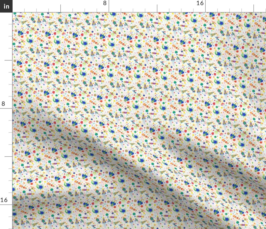 Space Adventure Micro- Multicolored on White Background- Intergalactic Cats- Rainbow Space Cat- VintagePets- 80s Retro- Ditsy- Multidirectional- Outer Space Ufo Arcade Games Wallpaper- Kidcore- Kids